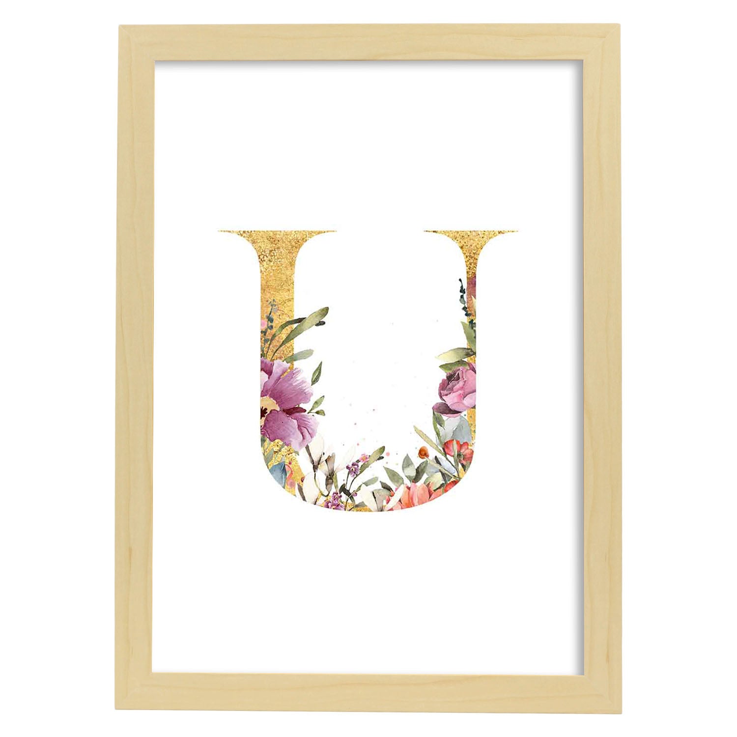 Poster de letra U. Lámina estilo Dorado Rosa con imágenes del alfabeto.-Artwork-Nacnic-A3-Marco Madera clara-Nacnic Estudio SL