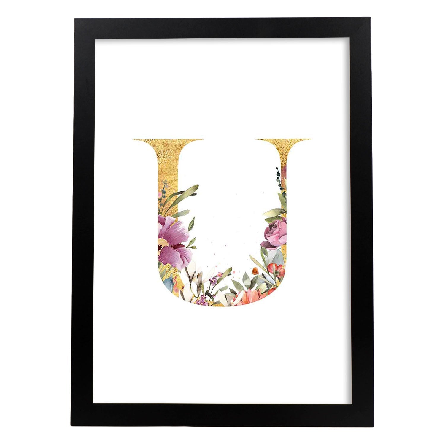 Poster de letra U. Lámina estilo Dorado Rosa con imágenes del alfabeto.-Artwork-Nacnic-A3-Marco Negro-Nacnic Estudio SL