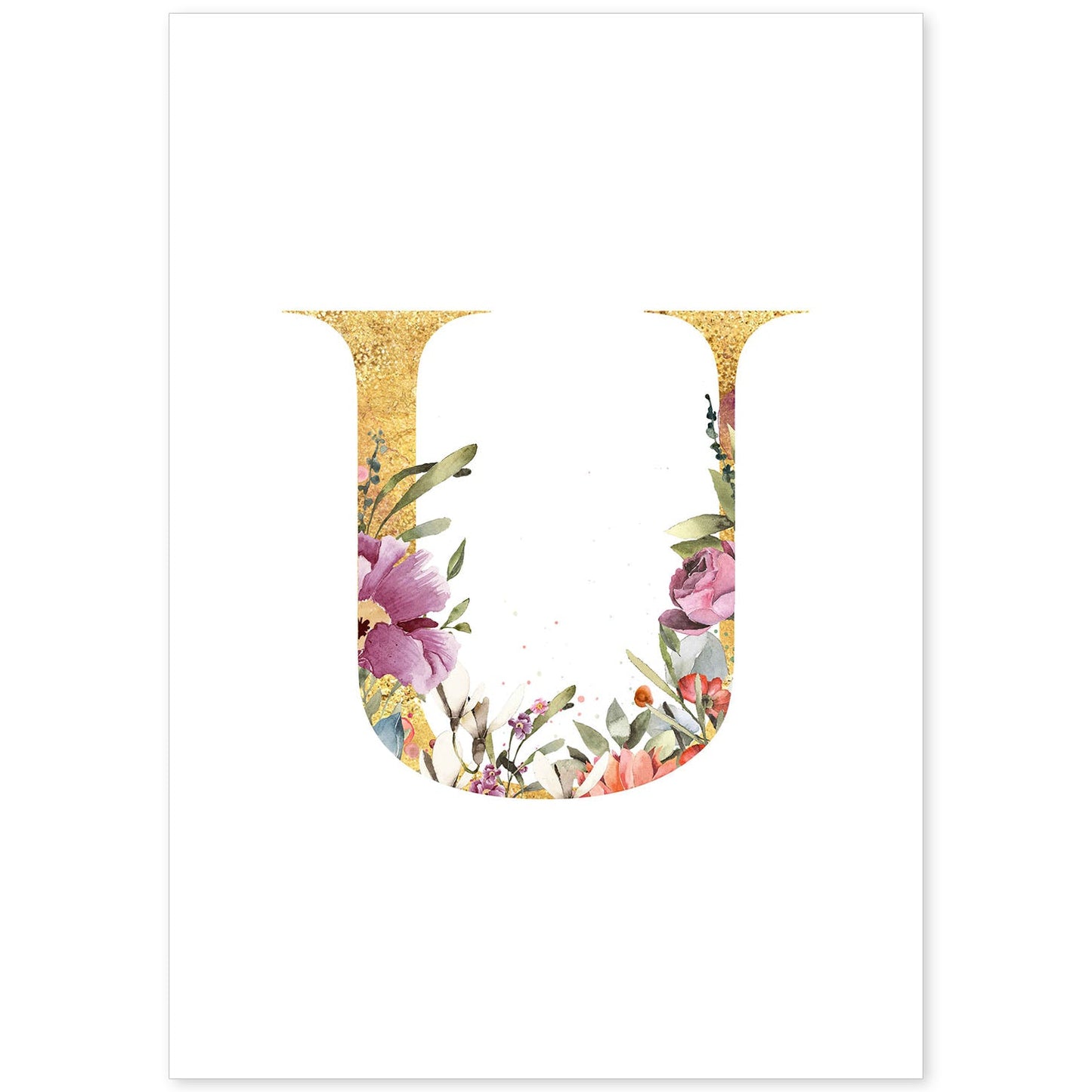 Poster de letra U. Lámina estilo Dorado Rosa con imágenes del alfabeto.-Artwork-Nacnic-A4-Sin marco-Nacnic Estudio SL