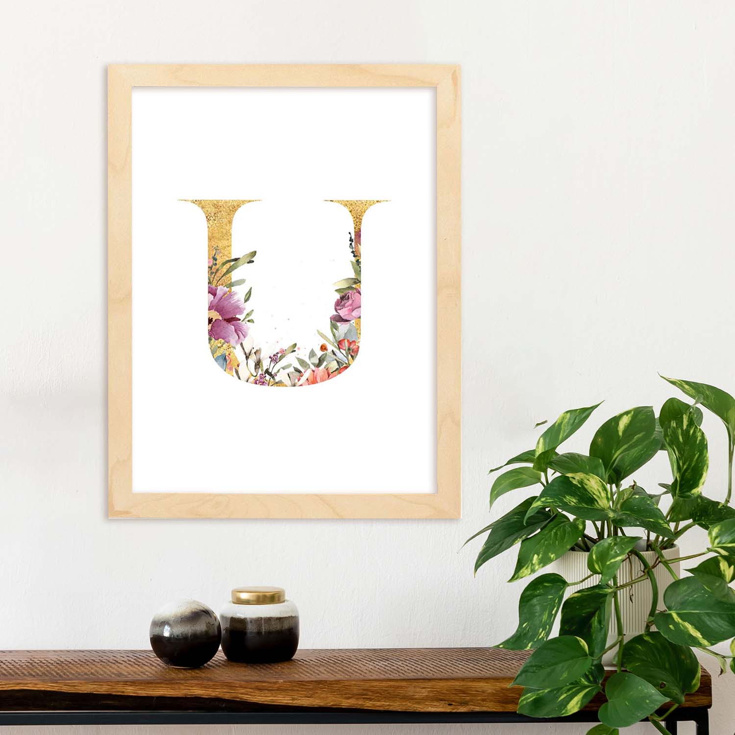 Poster de letra U. Lámina estilo Dorado Rosa con imágenes del alfabeto.-Artwork-Nacnic-Nacnic Estudio SL