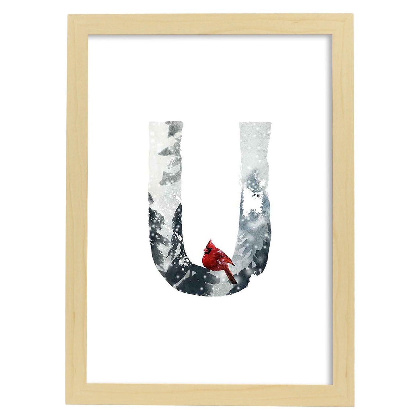 Poster de letra U. Lámina estilo Invierno con imágenes del alfabeto.-Artwork-Nacnic-A3-Marco Madera clara-Nacnic Estudio SL
