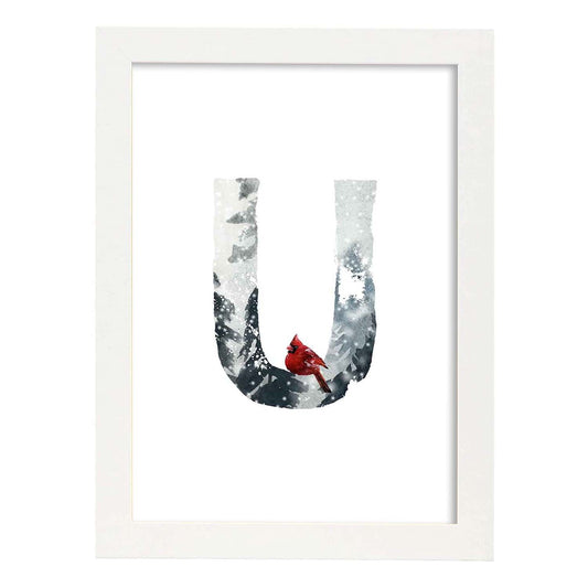 Poster de letra U. Lámina estilo Invierno con imágenes del alfabeto.-Artwork-Nacnic-A4-Marco Blanco-Nacnic Estudio SL