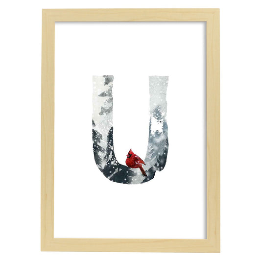 Poster de letra U. Lámina estilo Invierno con imágenes del alfabeto.-Artwork-Nacnic-A4-Marco Madera clara-Nacnic Estudio SL