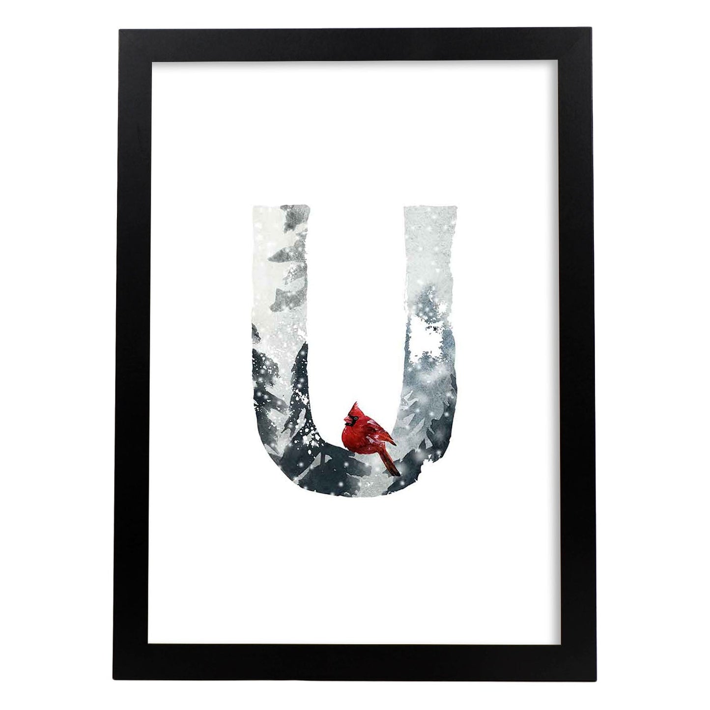 Poster de letra U. Lámina estilo Invierno con imágenes del alfabeto.-Artwork-Nacnic-A4-Marco Negro-Nacnic Estudio SL