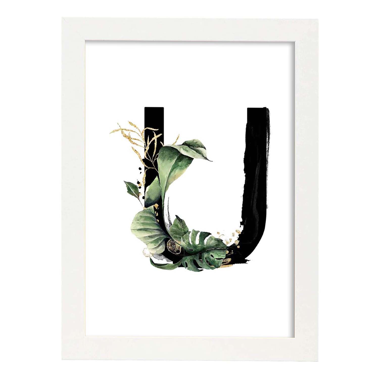 Poster de letra U. Lámina estilo Jungla Negra con imágenes del alfabeto.-Artwork-Nacnic-A3-Marco Blanco-Nacnic Estudio SL