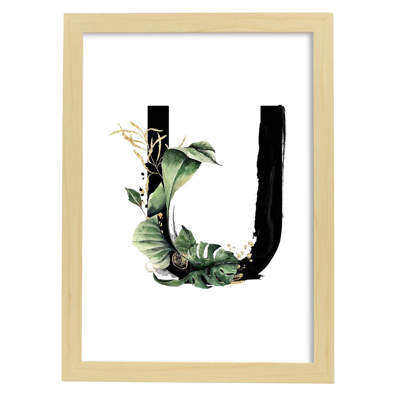 Poster de letra U. Lámina estilo Jungla Negra con imágenes del alfabeto.-Artwork-Nacnic-A3-Marco Madera clara-Nacnic Estudio SL