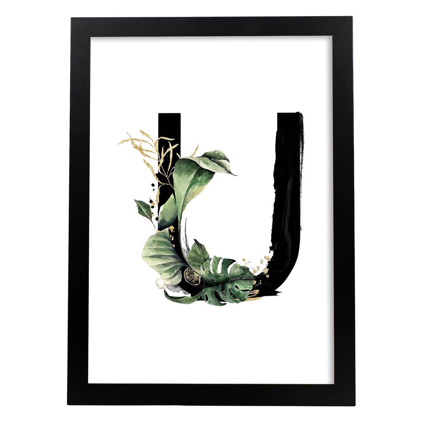 Poster de letra U. Lámina estilo Jungla Negra con imágenes del alfabeto.-Artwork-Nacnic-A4-Marco Negro-Nacnic Estudio SL