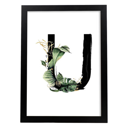 Poster de letra U. Lámina estilo Jungla Negra con imágenes del alfabeto.-Artwork-Nacnic-A4-Marco Negro-Nacnic Estudio SL