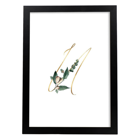 Poster de letra U. Lámina estilo Verde Fino con imágenes del alfabeto.-Artwork-Nacnic-A4-Marco Negro-Nacnic Estudio SL