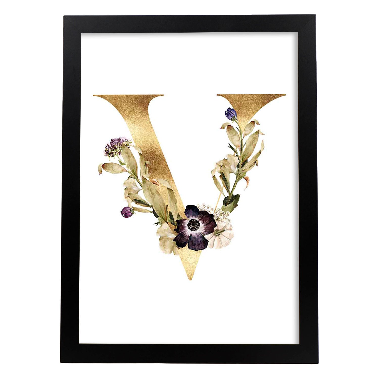Poster de letra V. Lámina estilo Dorado Floral con imágenes del alfabeto.-Artwork-Nacnic-A3-Marco Negro-Nacnic Estudio SL