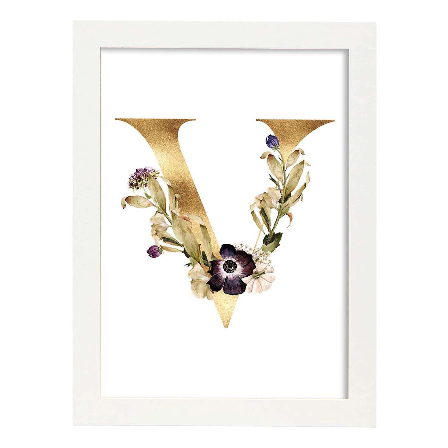 Poster de letra V. Lámina estilo Dorado Floral con imágenes del alfabeto.-Artwork-Nacnic-A4-Marco Blanco-Nacnic Estudio SL