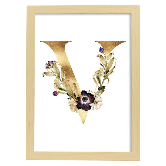 Poster de letra V. Lámina estilo Dorado Floral con imágenes del alfabeto.-Artwork-Nacnic-A4-Marco Madera clara-Nacnic Estudio SL
