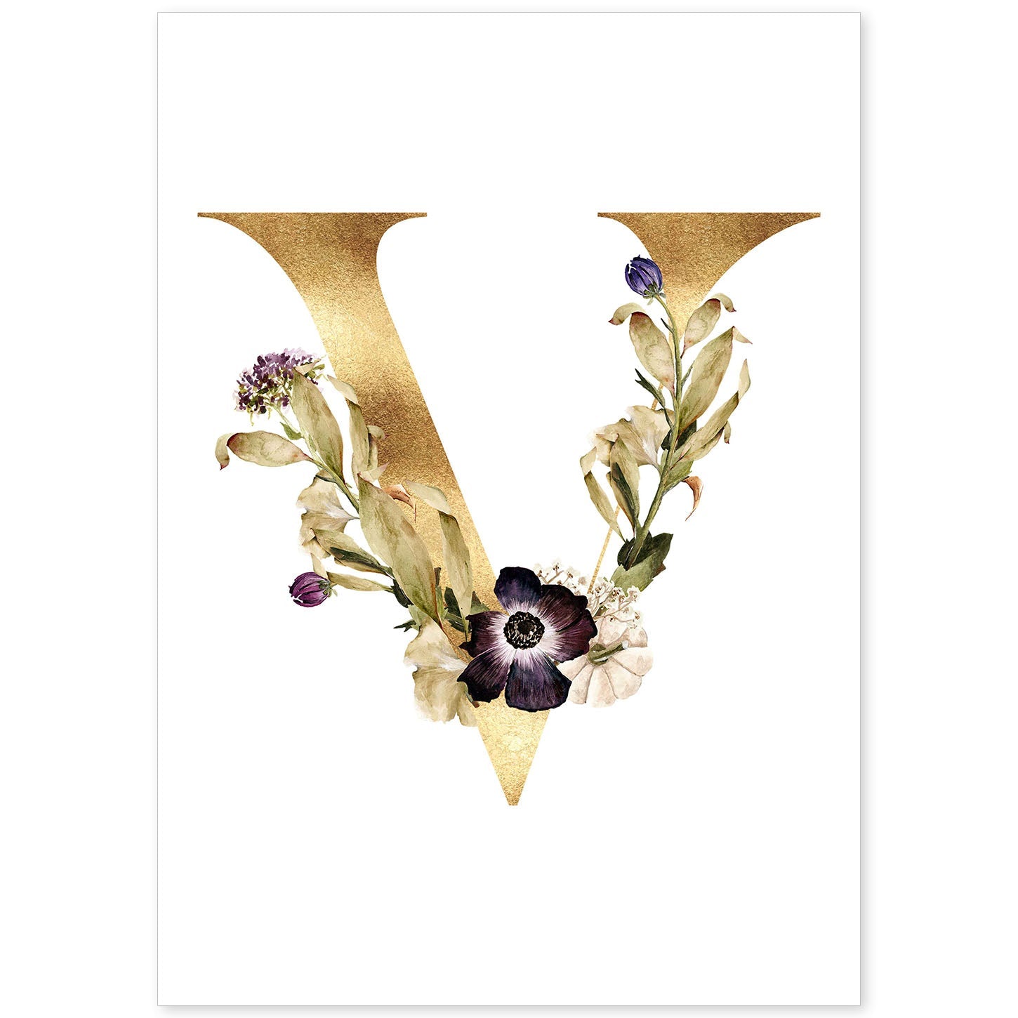 Poster de letra V. Lámina estilo Dorado Floral con imágenes del alfabeto.-Artwork-Nacnic-A4-Sin marco-Nacnic Estudio SL