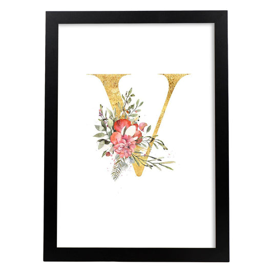 Poster de letra V. Lámina estilo Dorado Rosa con imágenes del alfabeto.-Artwork-Nacnic-A4-Marco Negro-Nacnic Estudio SL