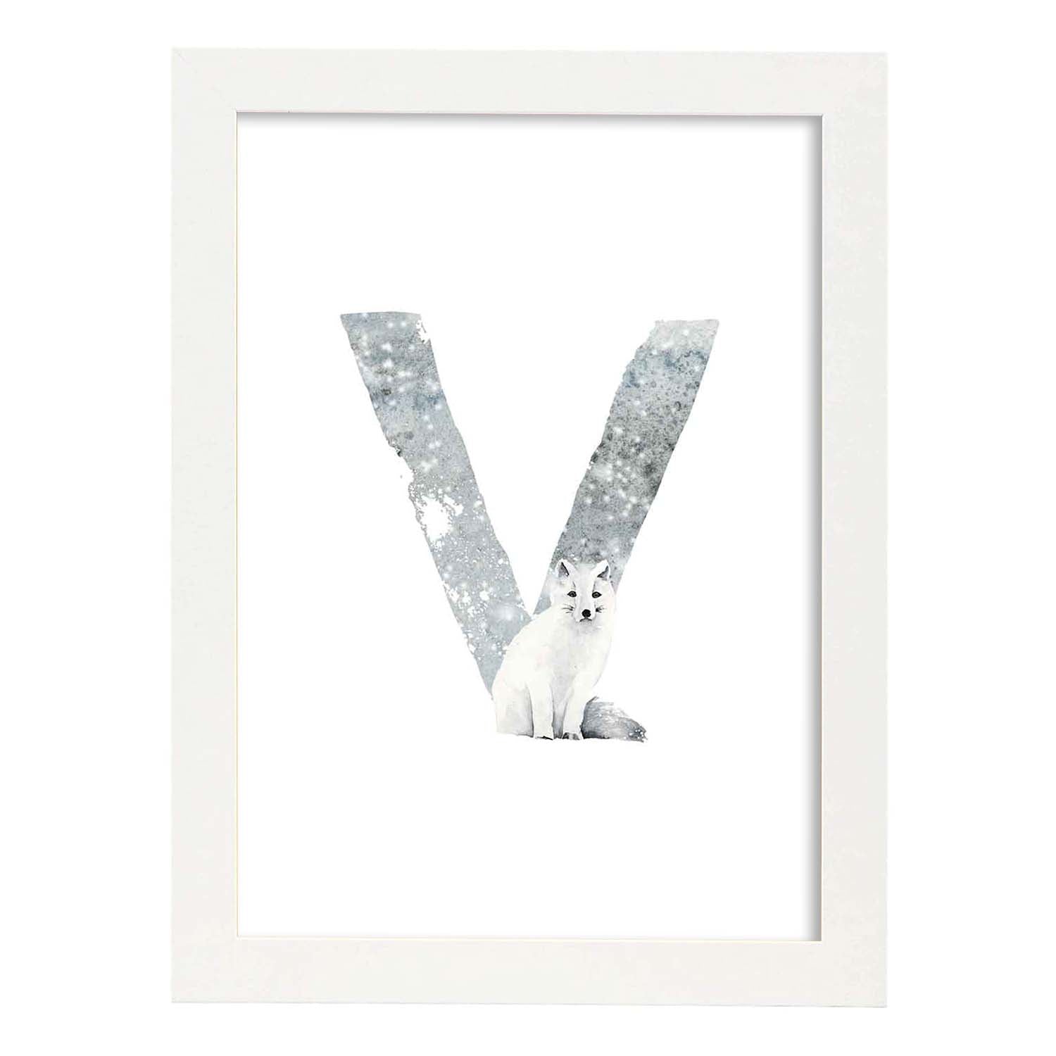 Poster de letra V. Lámina estilo Invierno con imágenes del alfabeto.-Artwork-Nacnic-A3-Marco Blanco-Nacnic Estudio SL
