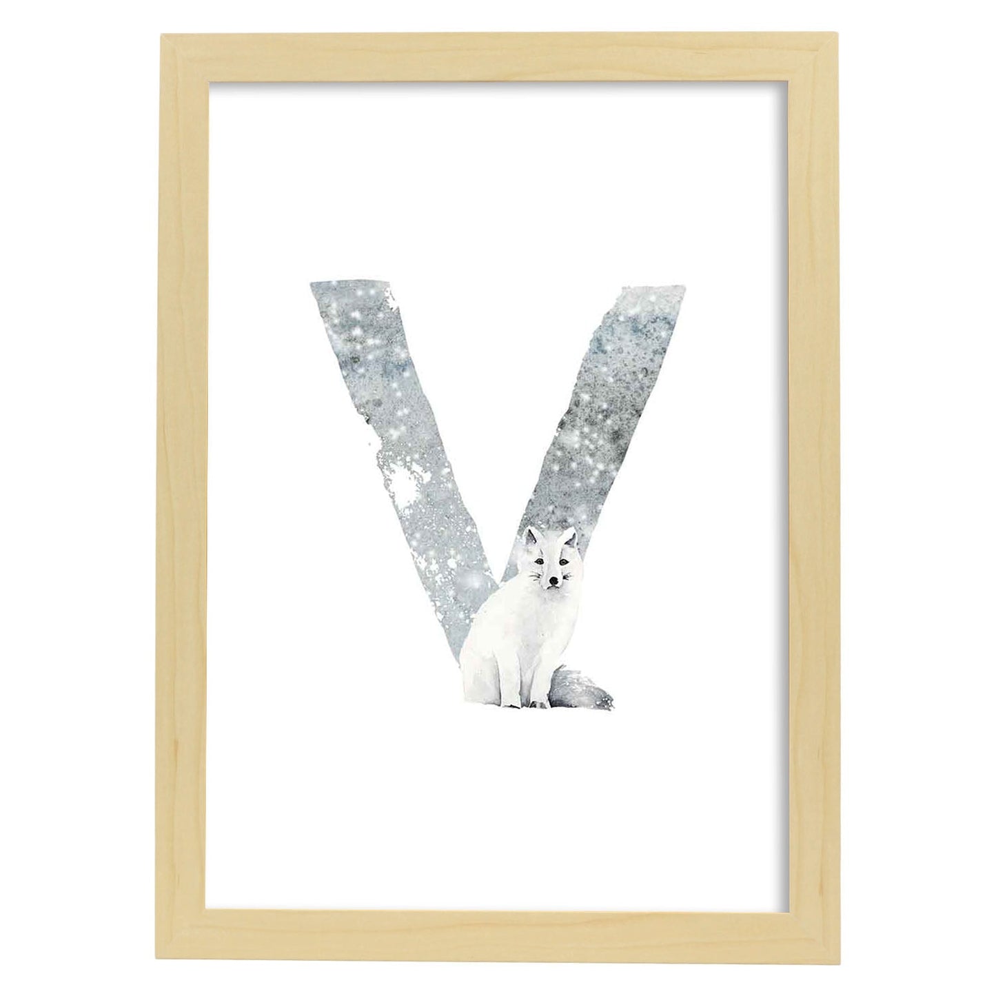 Poster de letra V. Lámina estilo Invierno con imágenes del alfabeto.-Artwork-Nacnic-A4-Marco Madera clara-Nacnic Estudio SL