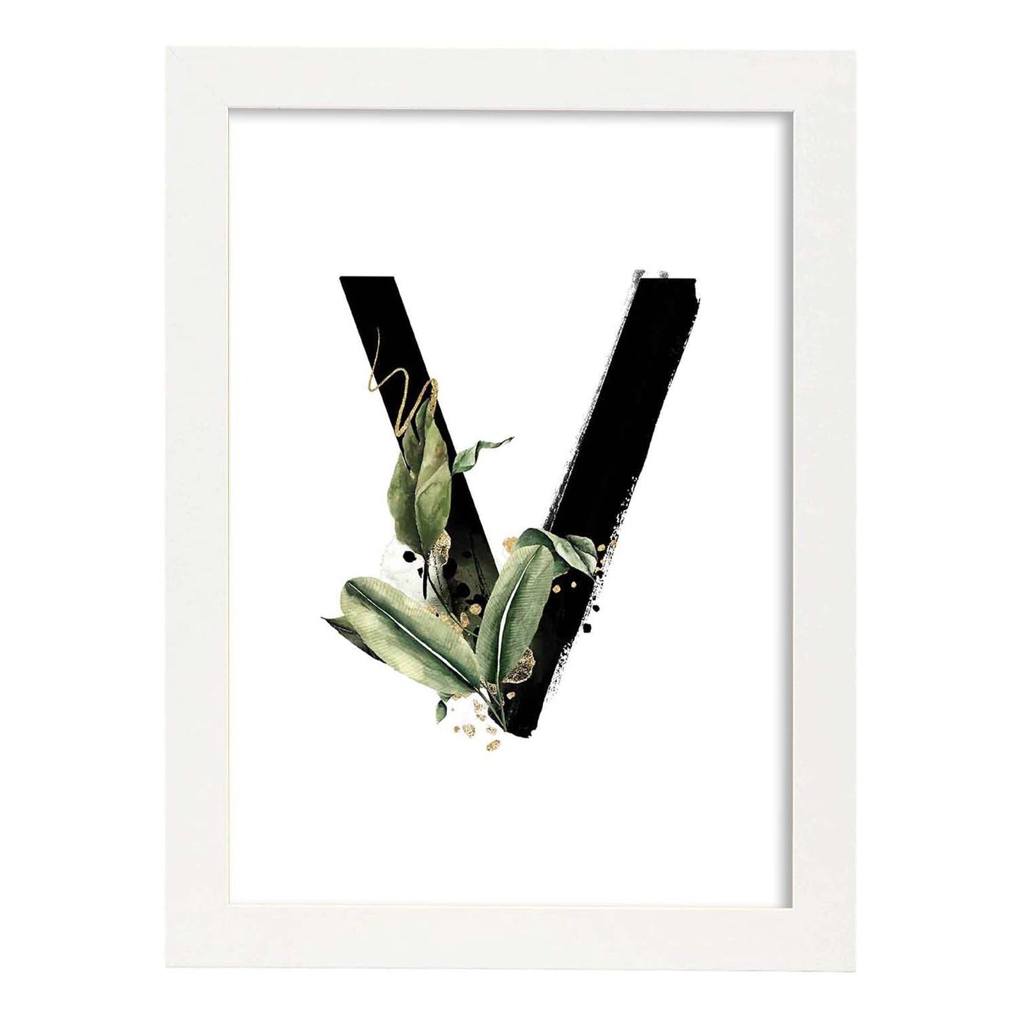 Poster de letra V. Lámina estilo Jungla Negra con imágenes del alfabeto.-Artwork-Nacnic-A4-Marco Blanco-Nacnic Estudio SL
