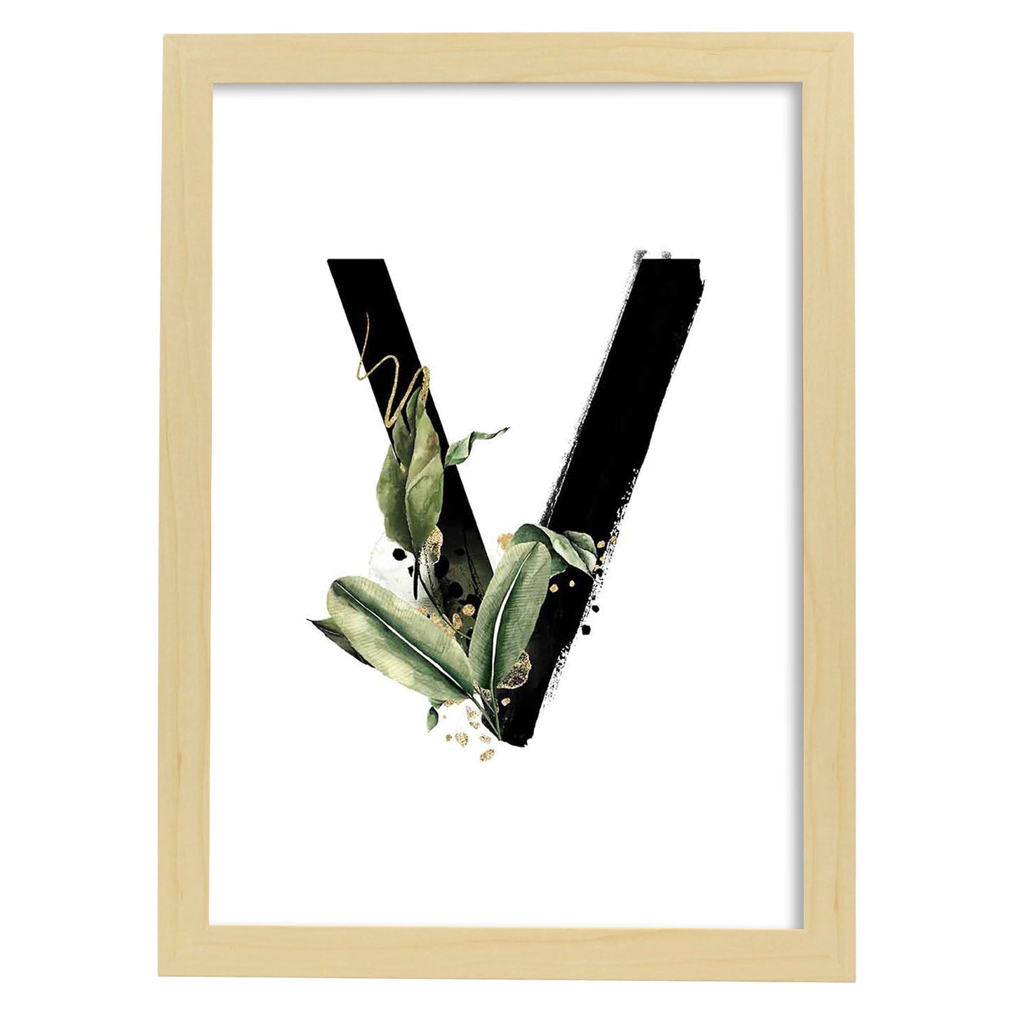 Poster de letra V. Lámina estilo Jungla Negra con imágenes del alfabeto.-Artwork-Nacnic-A4-Marco Madera clara-Nacnic Estudio SL