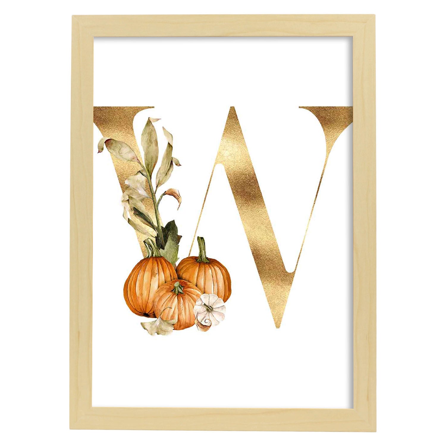 Poster de letra W. Lámina estilo Dorado Floral con imágenes del alfabeto.-Artwork-Nacnic-A3-Marco Madera clara-Nacnic Estudio SL
