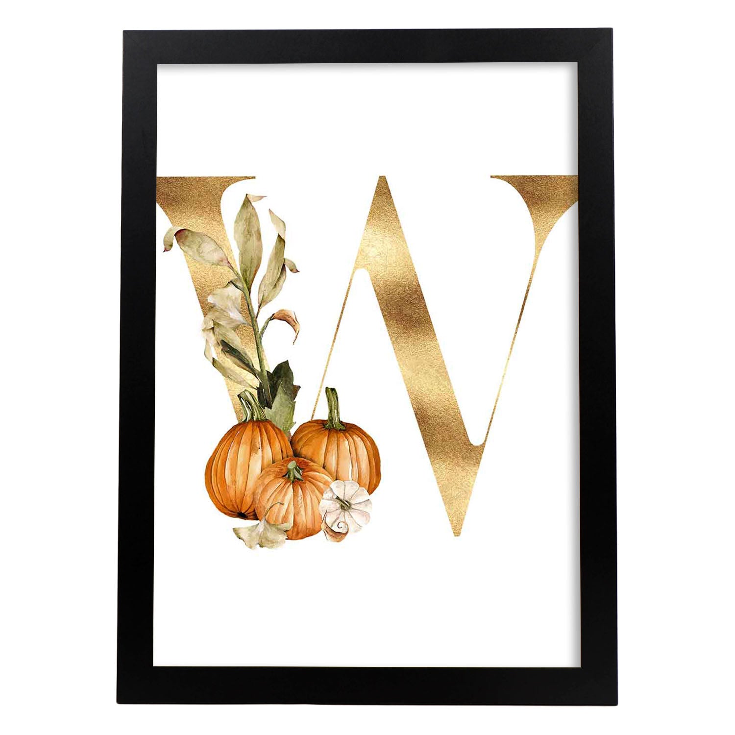Poster de letra W. Lámina estilo Dorado Floral con imágenes del alfabeto.-Artwork-Nacnic-A3-Marco Negro-Nacnic Estudio SL