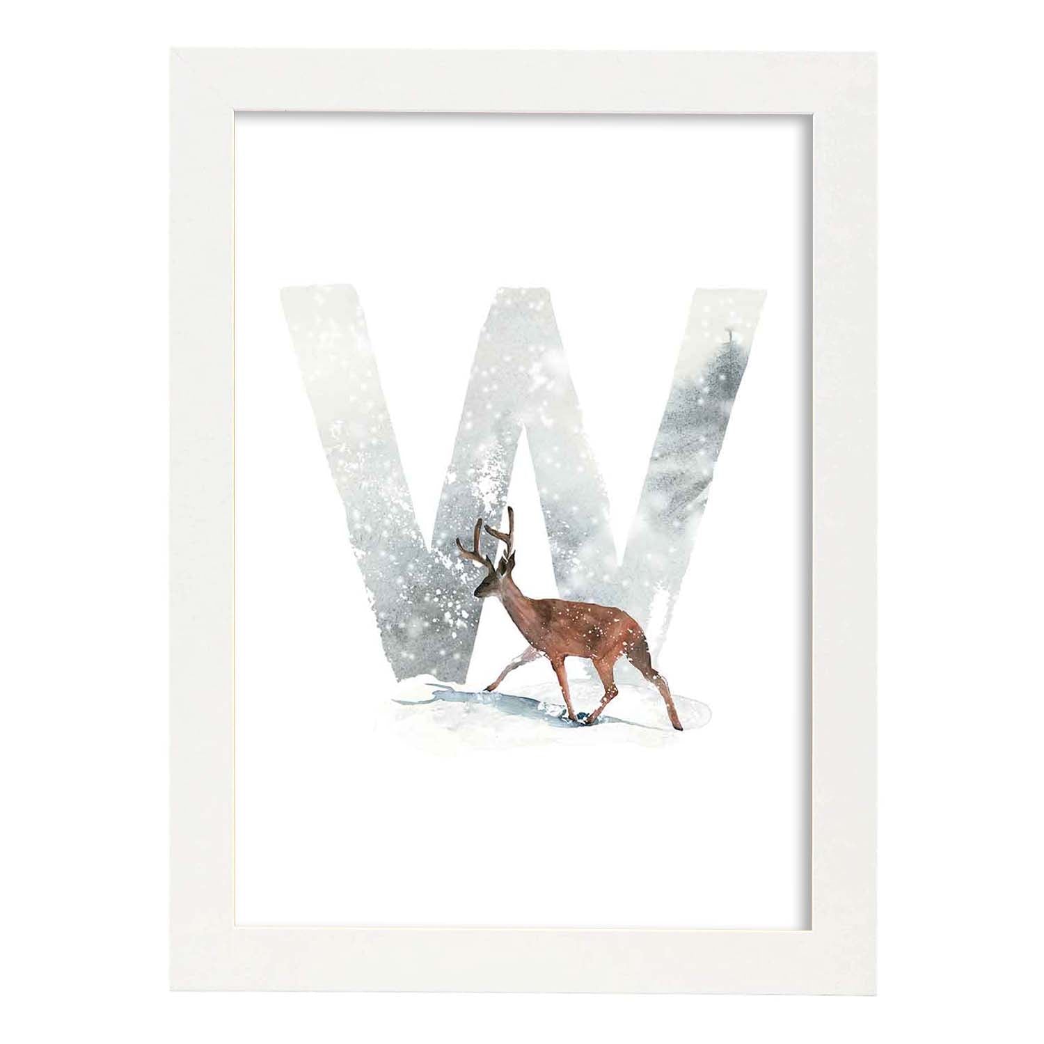 Poster de letra W. Lámina estilo Invierno con imágenes del alfabeto.-Artwork-Nacnic-A3-Marco Blanco-Nacnic Estudio SL
