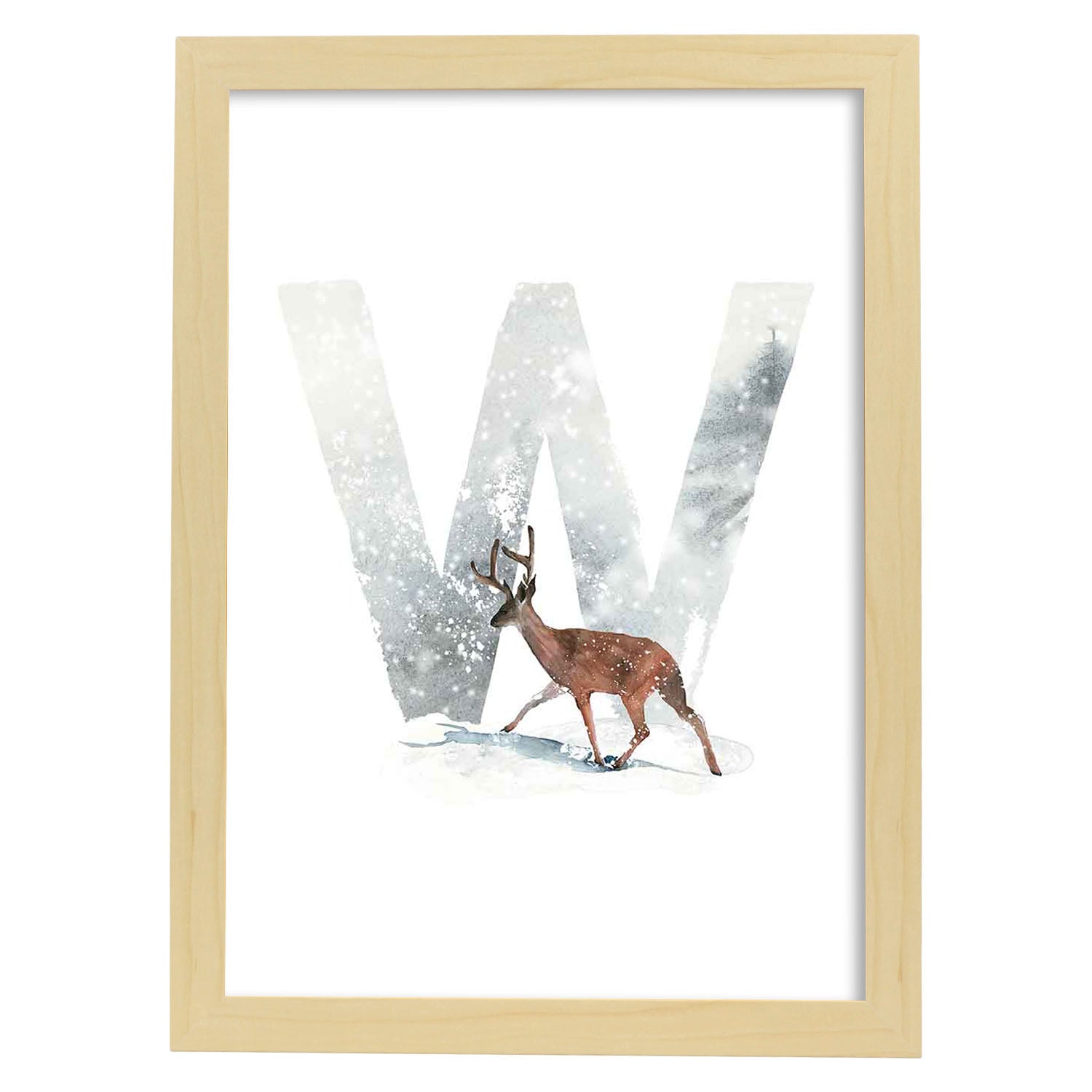Poster de letra W. Lámina estilo Invierno con imágenes del alfabeto.-Artwork-Nacnic-A3-Marco Madera clara-Nacnic Estudio SL