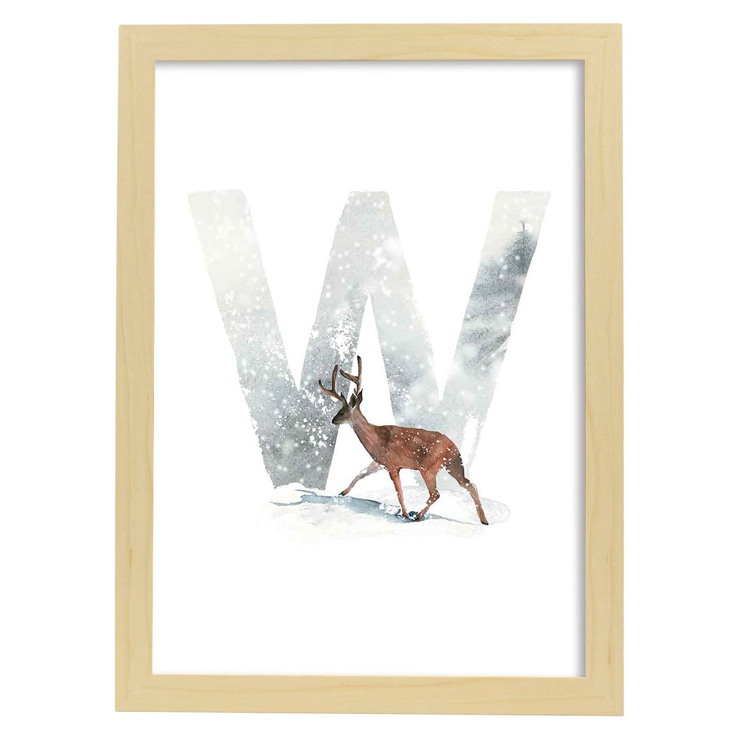 Poster de letra W. Lámina estilo Invierno con imágenes del alfabeto.-Artwork-Nacnic-A4-Marco Madera clara-Nacnic Estudio SL