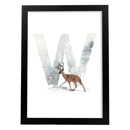 Poster de letra W. Lámina estilo Invierno con imágenes del alfabeto.-Artwork-Nacnic-A4-Marco Negro-Nacnic Estudio SL