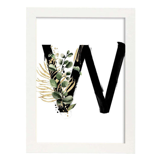 Poster de letra W. Lámina estilo Jungla Negra con imágenes del alfabeto.-Artwork-Nacnic-A4-Marco Blanco-Nacnic Estudio SL