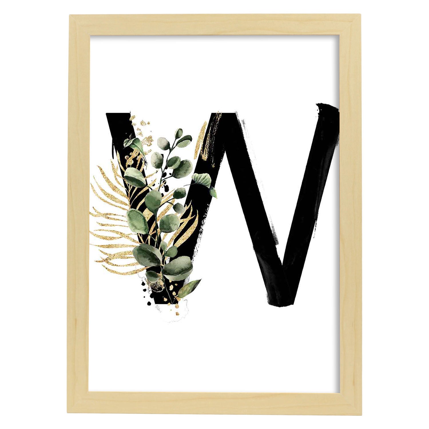 Poster de letra W. Lámina estilo Jungla Negra con imágenes del alfabeto.-Artwork-Nacnic-A4-Marco Madera clara-Nacnic Estudio SL