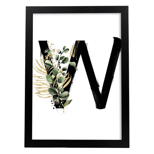 Poster de letra W. Lámina estilo Jungla Negra con imágenes del alfabeto.-Artwork-Nacnic-A4-Marco Negro-Nacnic Estudio SL
