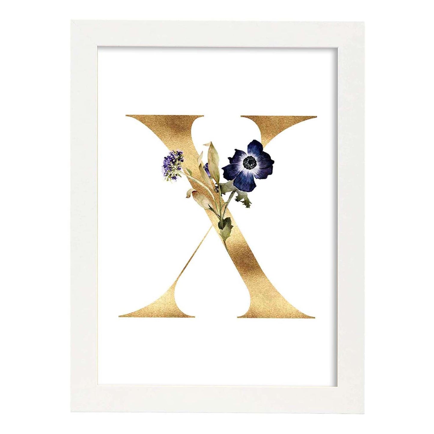 Poster de letra X. Lámina estilo Dorado Floral con imágenes del alfabeto.-Artwork-Nacnic-A3-Marco Blanco-Nacnic Estudio SL