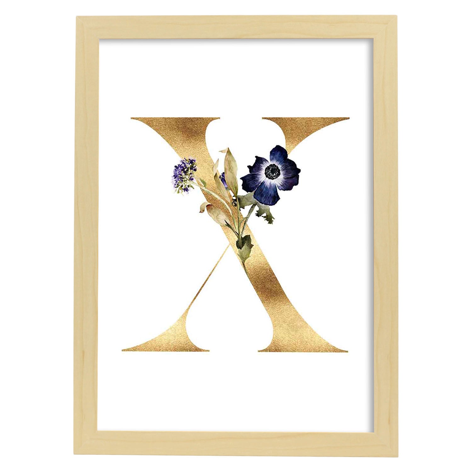 Poster de letra X. Lámina estilo Dorado Floral con imágenes del alfabeto.-Artwork-Nacnic-A3-Marco Madera clara-Nacnic Estudio SL