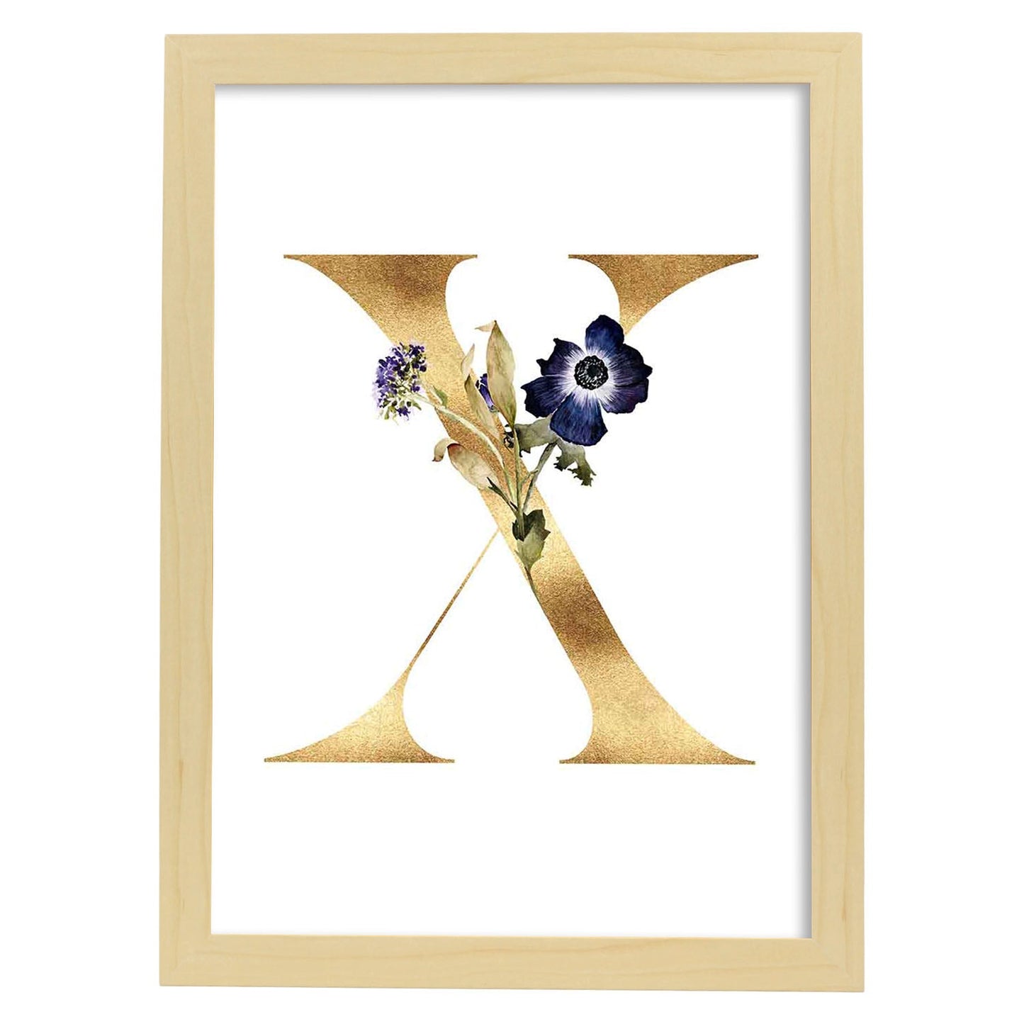 Poster de letra X. Lámina estilo Dorado Floral con imágenes del alfabeto.-Artwork-Nacnic-A4-Marco Madera clara-Nacnic Estudio SL