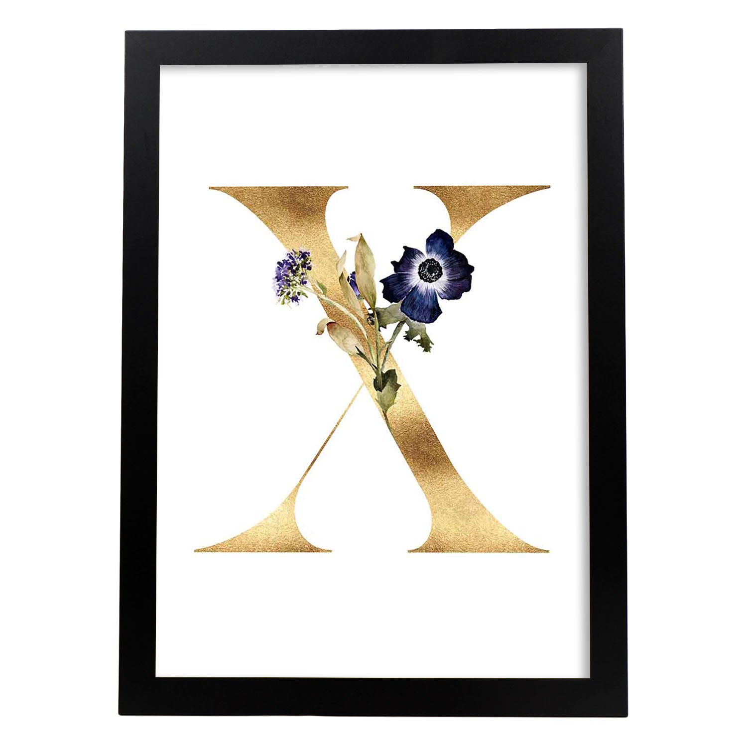 Poster de letra X. Lámina estilo Dorado Floral con imágenes del alfabeto.-Artwork-Nacnic-A4-Marco Negro-Nacnic Estudio SL