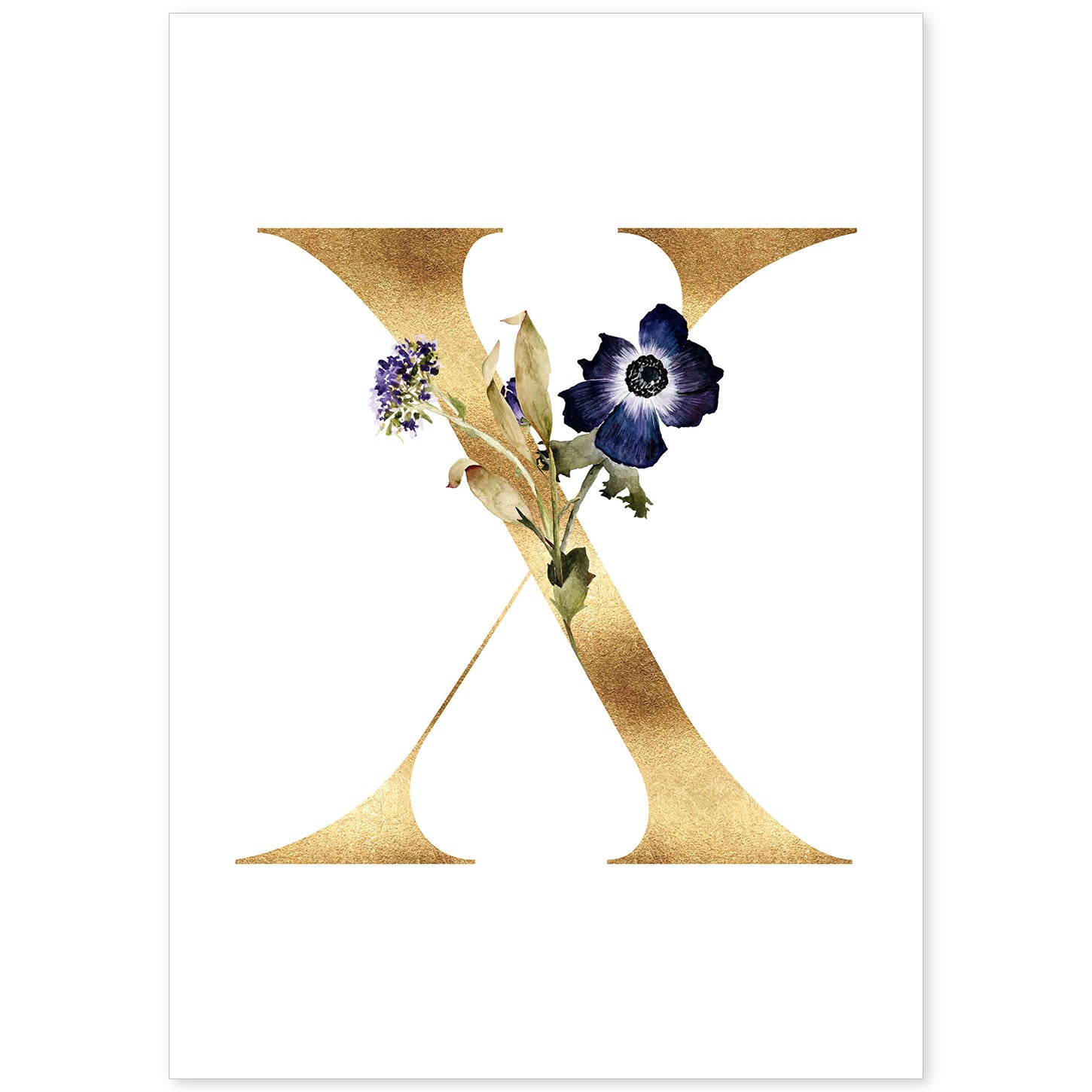 Poster de letra X. Lámina estilo Dorado Floral con imágenes del alfabeto.-Artwork-Nacnic-A4-Sin marco-Nacnic Estudio SL