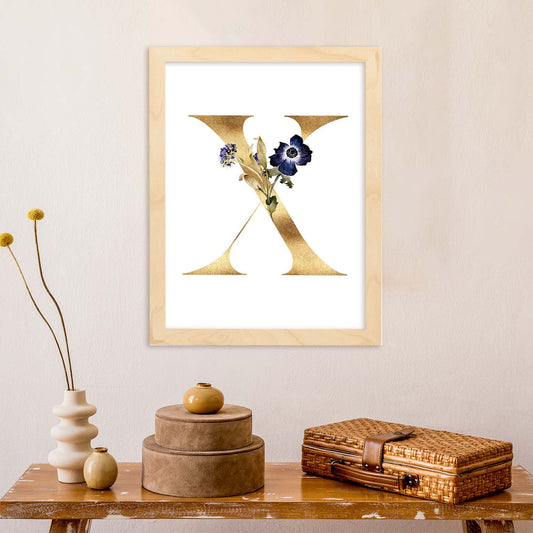 Poster de letra X. Lámina estilo Dorado Floral con imágenes del alfabeto.-Artwork-Nacnic-Nacnic Estudio SL