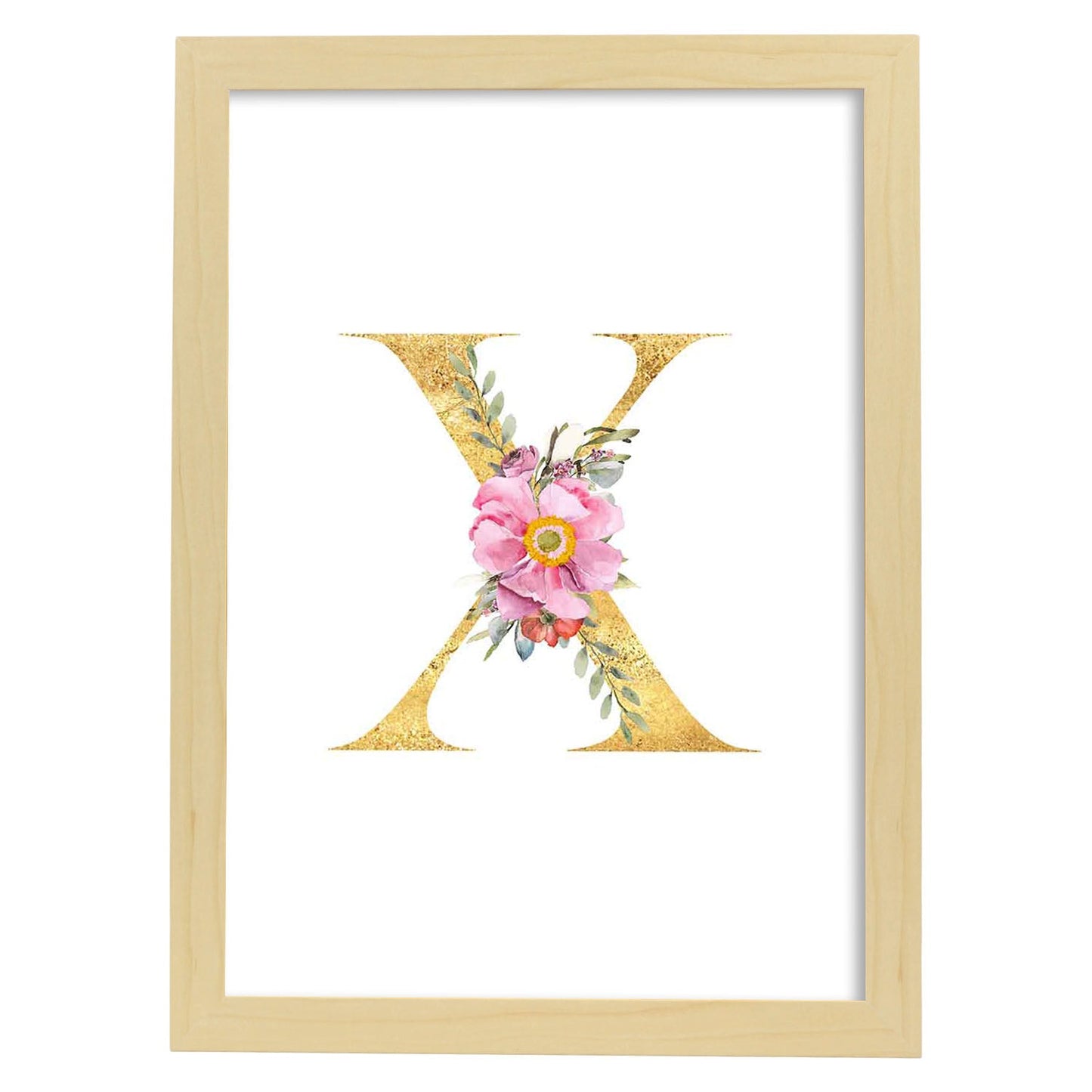 Poster de letra X. Lámina estilo Dorado Rosa con imágenes del alfabeto.-Artwork-Nacnic-A3-Marco Madera clara-Nacnic Estudio SL