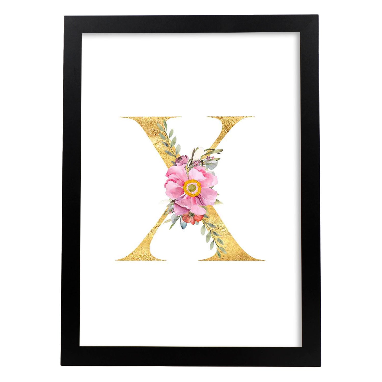 Poster de letra X. Lámina estilo Dorado Rosa con imágenes del alfabeto.-Artwork-Nacnic-A3-Marco Negro-Nacnic Estudio SL