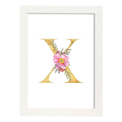 Poster de letra X. Lámina estilo Dorado Rosa con imágenes del alfabeto.-Artwork-Nacnic-A4-Marco Blanco-Nacnic Estudio SL