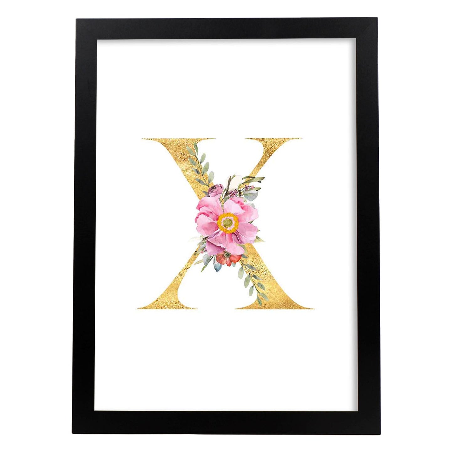 Poster de letra X. Lámina estilo Dorado Rosa con imágenes del alfabeto.-Artwork-Nacnic-A4-Marco Negro-Nacnic Estudio SL