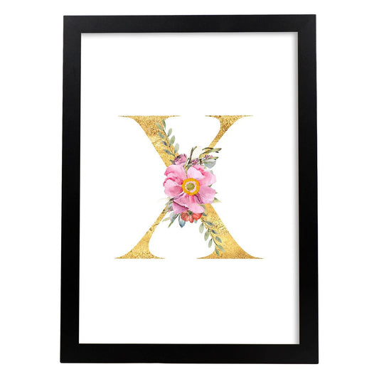Poster de letra X. Lámina estilo Dorado Rosa con imágenes del alfabeto.-Artwork-Nacnic-A4-Marco Negro-Nacnic Estudio SL