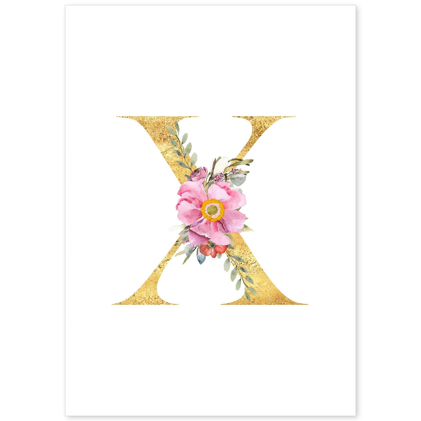 Poster de letra X. Lámina estilo Dorado Rosa con imágenes del alfabeto.-Artwork-Nacnic-A4-Sin marco-Nacnic Estudio SL