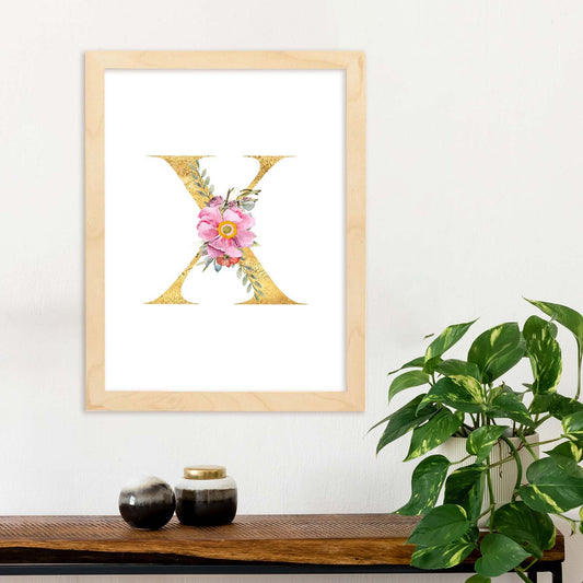 Poster de letra X. Lámina estilo Dorado Rosa con imágenes del alfabeto.-Artwork-Nacnic-Nacnic Estudio SL