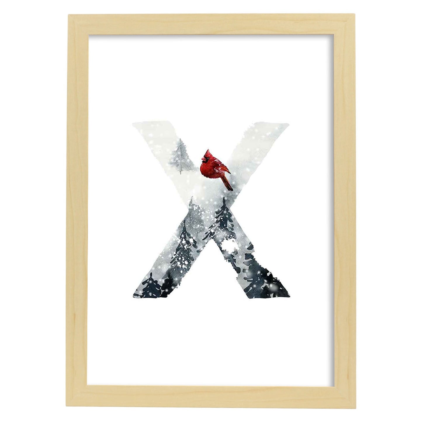 Poster de letra X. Lámina estilo Invierno con imágenes del alfabeto.-Artwork-Nacnic-A3-Marco Madera clara-Nacnic Estudio SL