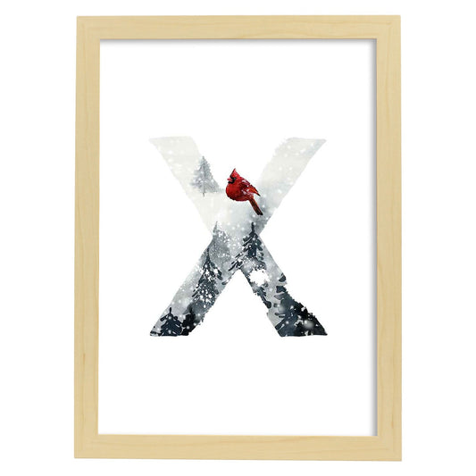 Poster de letra X. Lámina estilo Invierno con imágenes del alfabeto.-Artwork-Nacnic-A4-Marco Madera clara-Nacnic Estudio SL