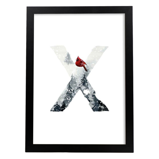 Poster de letra X. Lámina estilo Invierno con imágenes del alfabeto.-Artwork-Nacnic-A4-Marco Negro-Nacnic Estudio SL