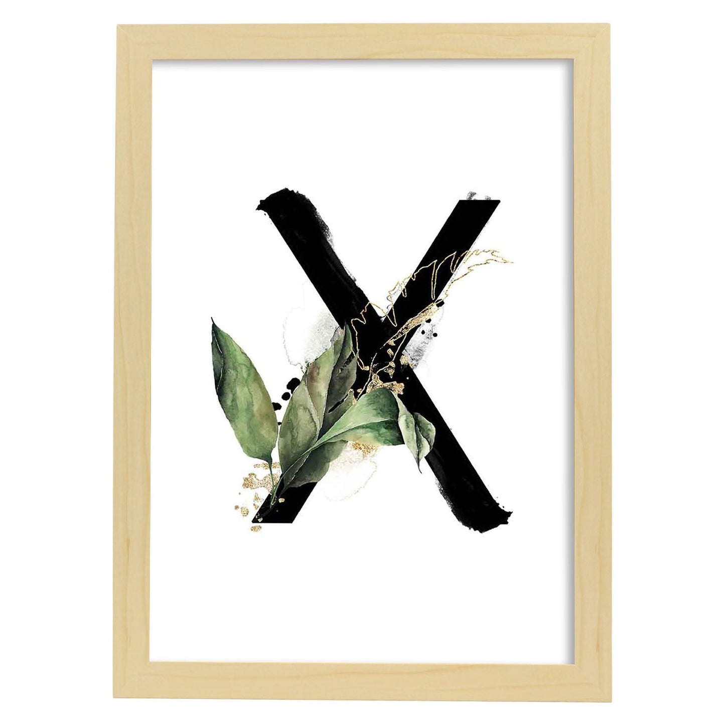 Poster de letra X. Lámina estilo Jungla Negra con imágenes del alfabeto.-Artwork-Nacnic-A3-Marco Madera clara-Nacnic Estudio SL