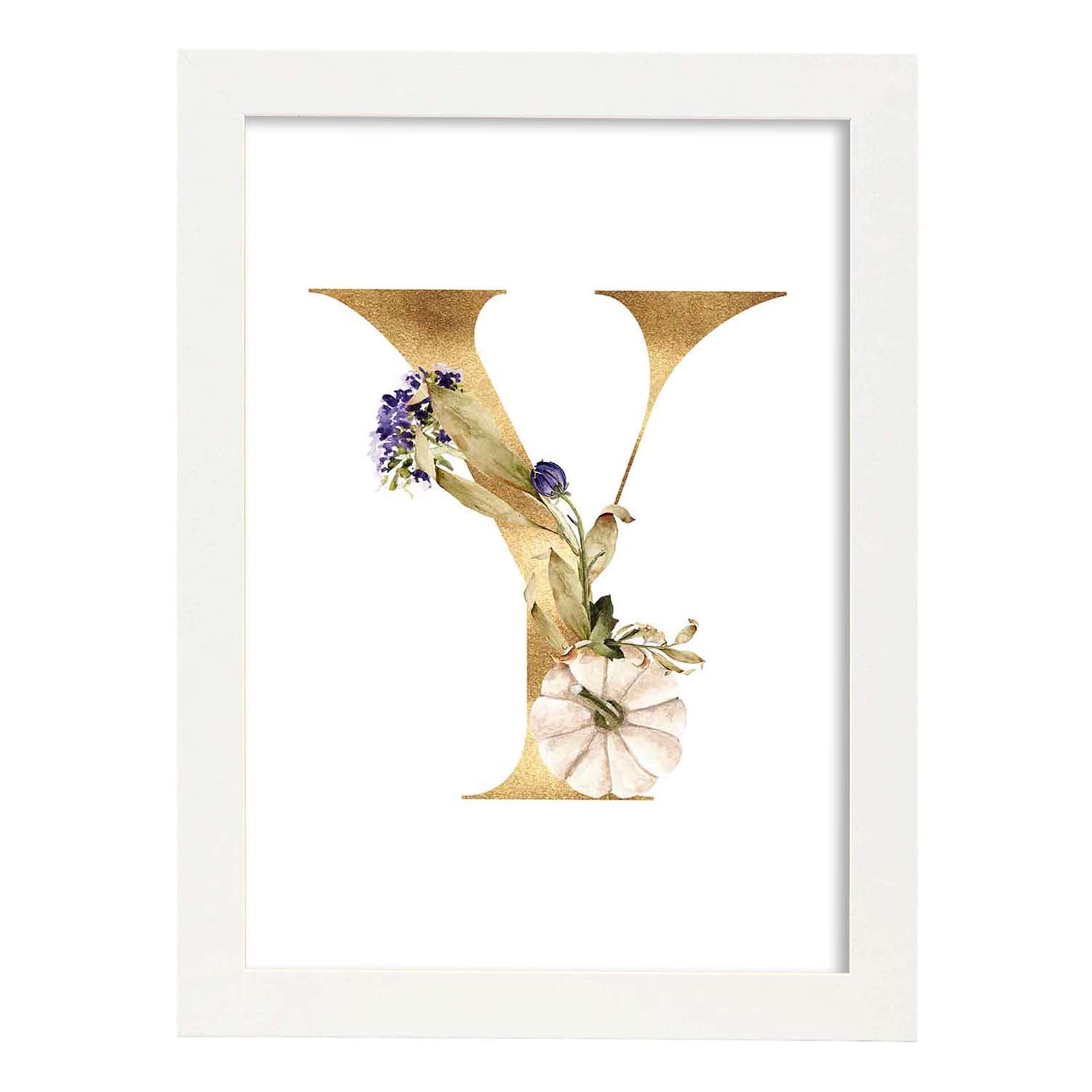 Poster de letra Y. Lámina estilo Dorado Floral con imágenes del alfabeto.-Artwork-Nacnic-A3-Marco Blanco-Nacnic Estudio SL