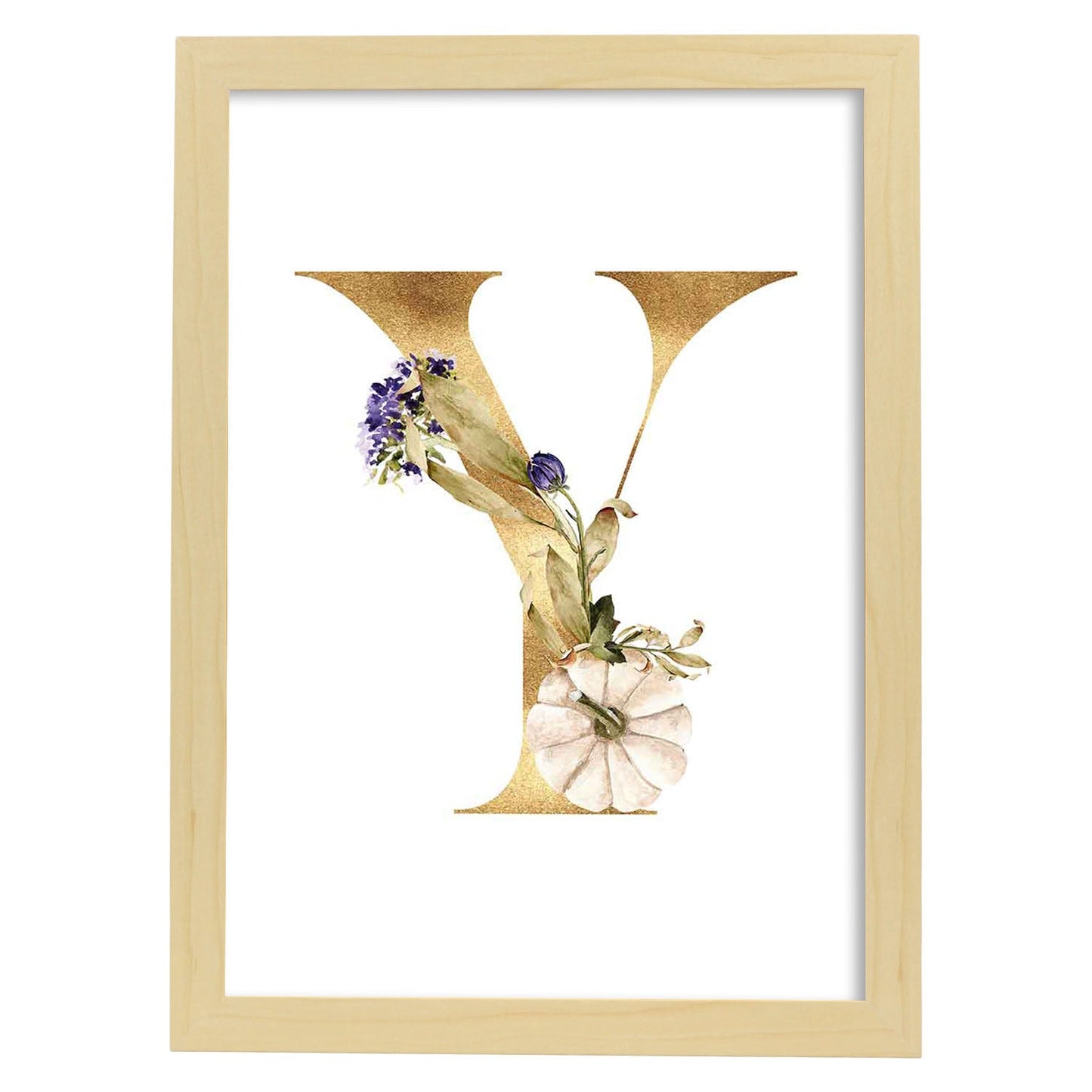 Poster de letra Y. Lámina estilo Dorado Floral con imágenes del alfabeto.-Artwork-Nacnic-A3-Marco Madera clara-Nacnic Estudio SL